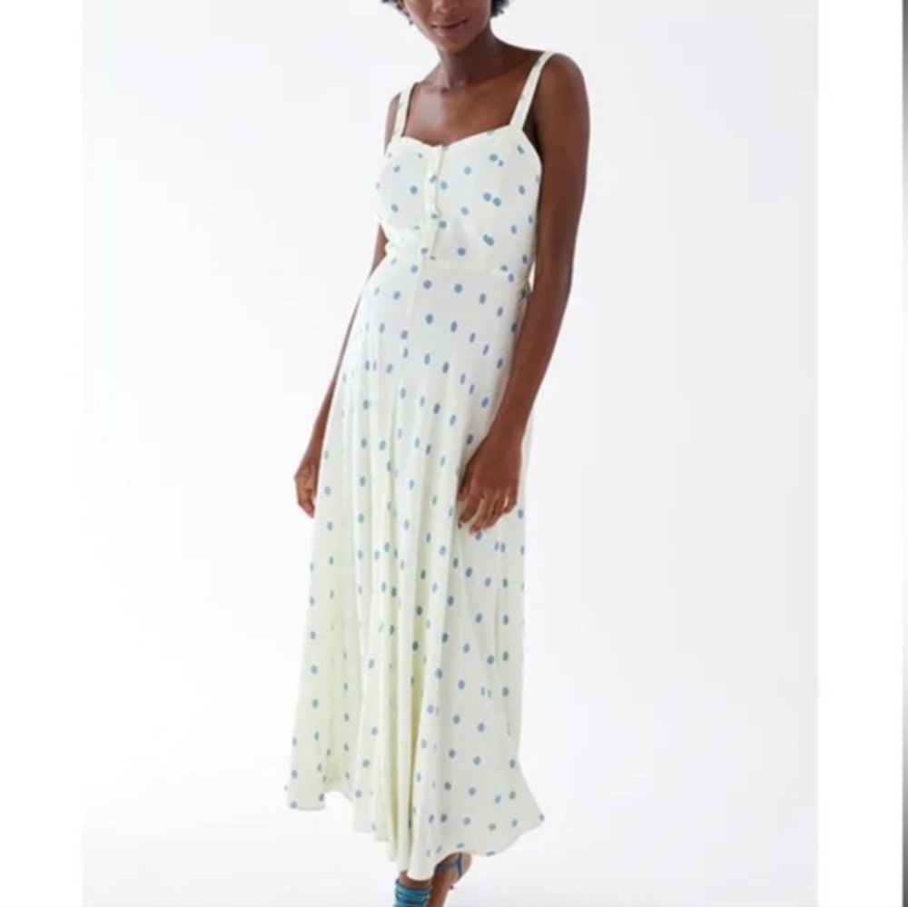 Zara Cream Midi Dress with Blue Polka Dots Sleeveless